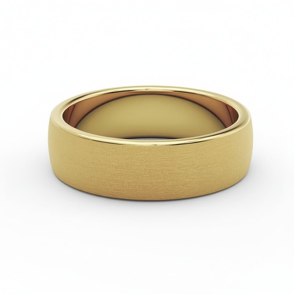 Ravenswood Brushed Band in 14K Yellow Gold – 6mm men’s wedding ring with matte finish, front view.