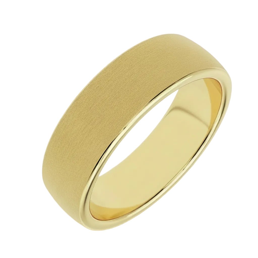 6mm Ravenswood Brushed Band – solid 14K gold men’s wedding band shown at angled view with low-dome comfort-fit profile.