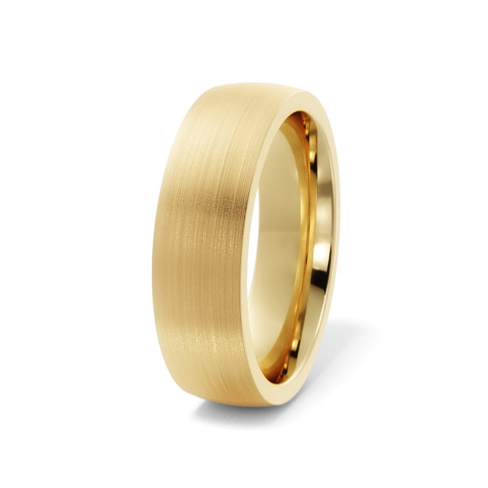 6mm Ravenswood Brushed Band – solid 14K gold men’s wedding band shown at angled view with low-dome comfort-fit profile.