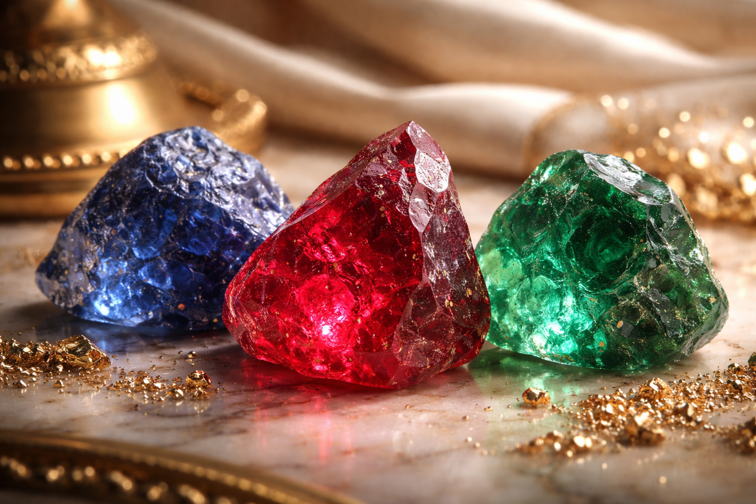 Natural and lab-grown ruby, sapphire, and emerald rough gemstones in luxury jewelry setting
