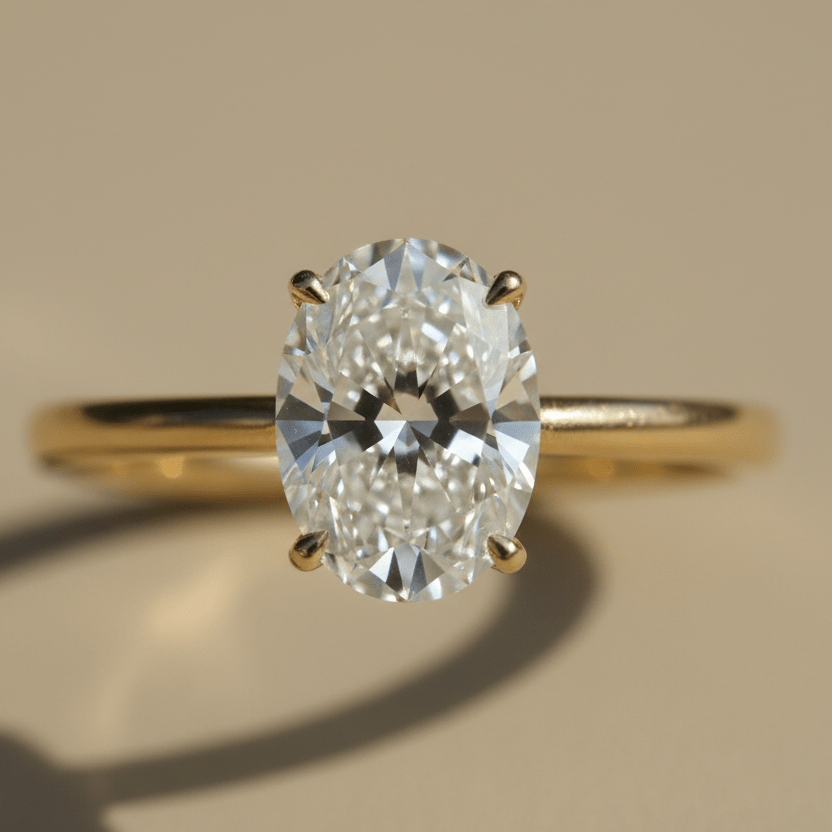 Macro close-up of a true 1ct oval solitaire engagement ring in 14K yellow gold, face-up detail with vertical north–south orientation.