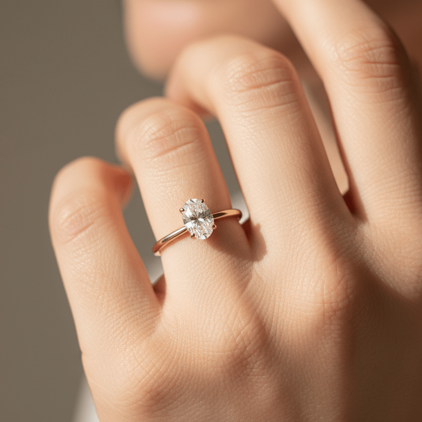 Woman wearing a true 1ct oval solitaire engagement ring in 14K yellow gold, UGC-style close-up, diamond in vertical north–south orientation.