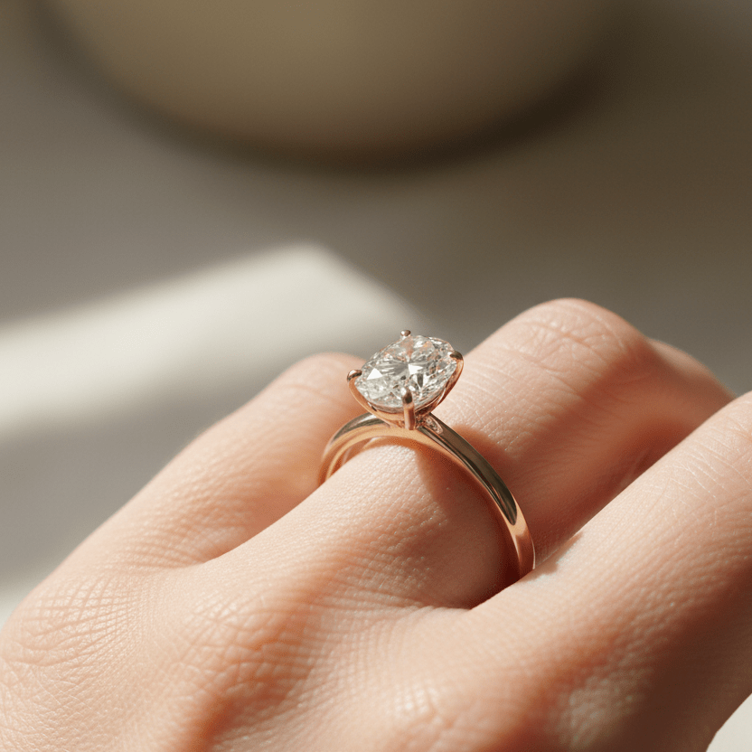 Side profile view of a woman wearing a true 1ct oval solitaire engagement ring in 14K yellow gold, vertical north–south orientation, UGC-style.