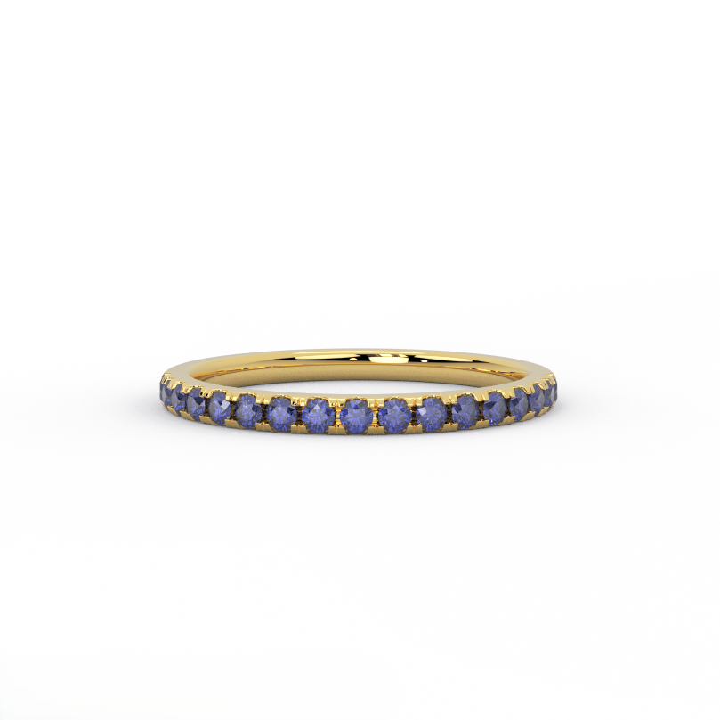 Slim 2mm lab grown sapphire wedding band for women in 14K yellow gold - front view