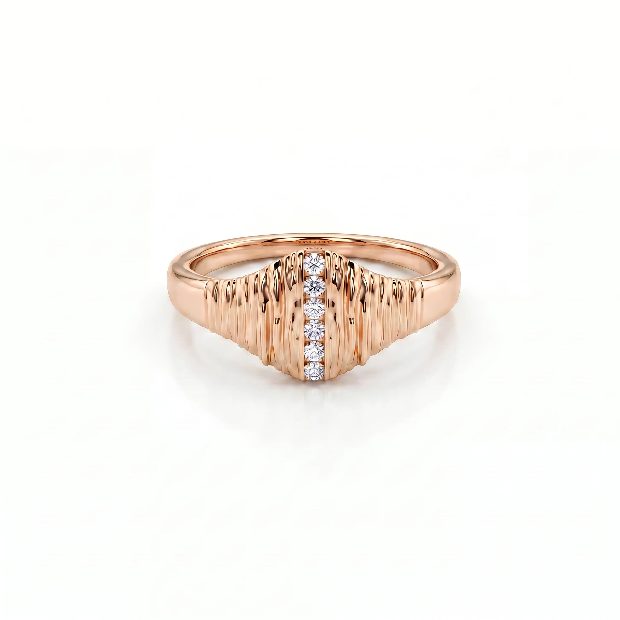 Ribbed lab-grown diamond signet ring in 14K rose gold, front product view on white background