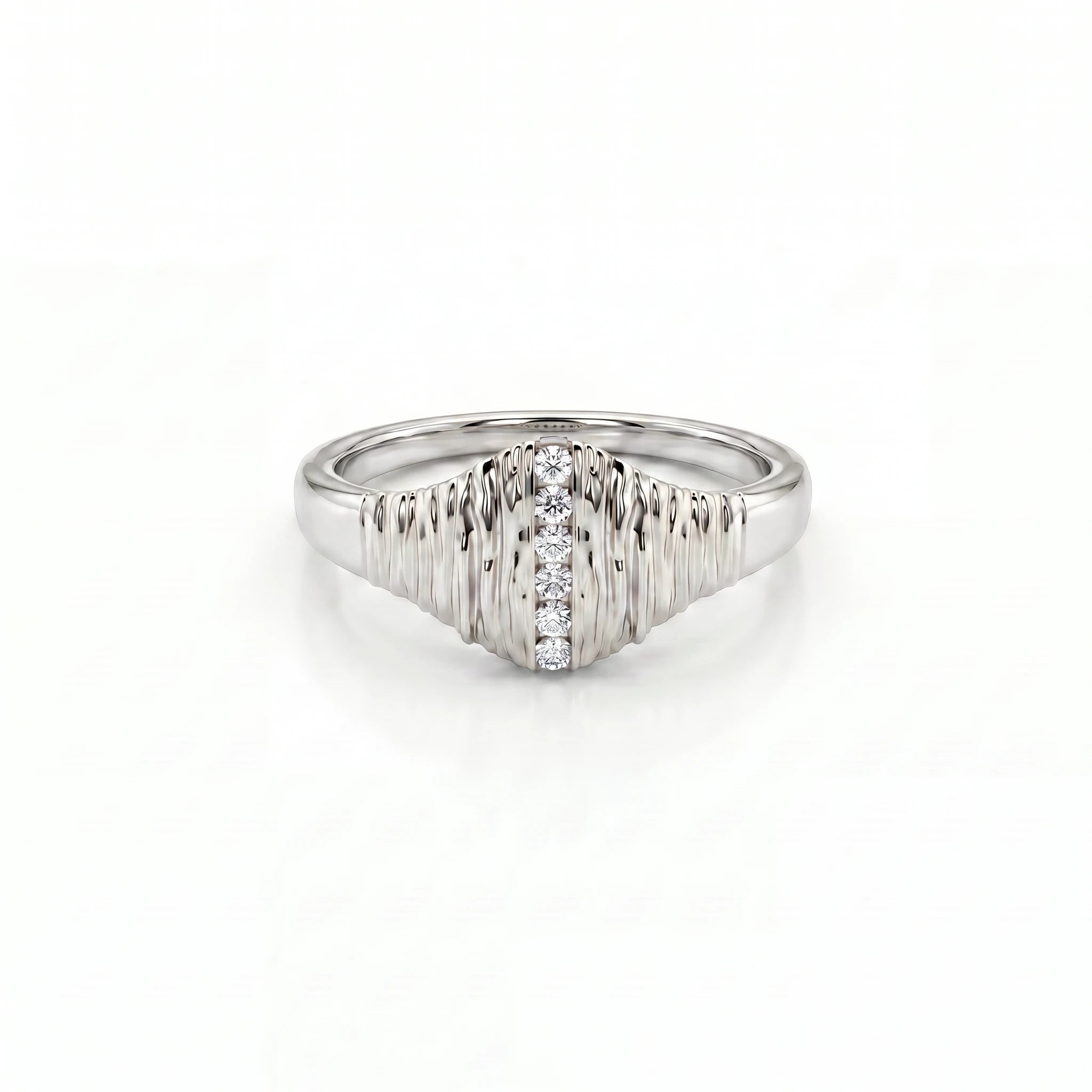 Ribbed lab-grown diamond signet ring in 14K white gold, front product view on white background