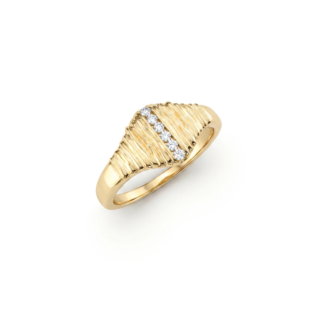 Ribbed lab-grown diamond signet ring in 14K yellow gold, angled product view on white background