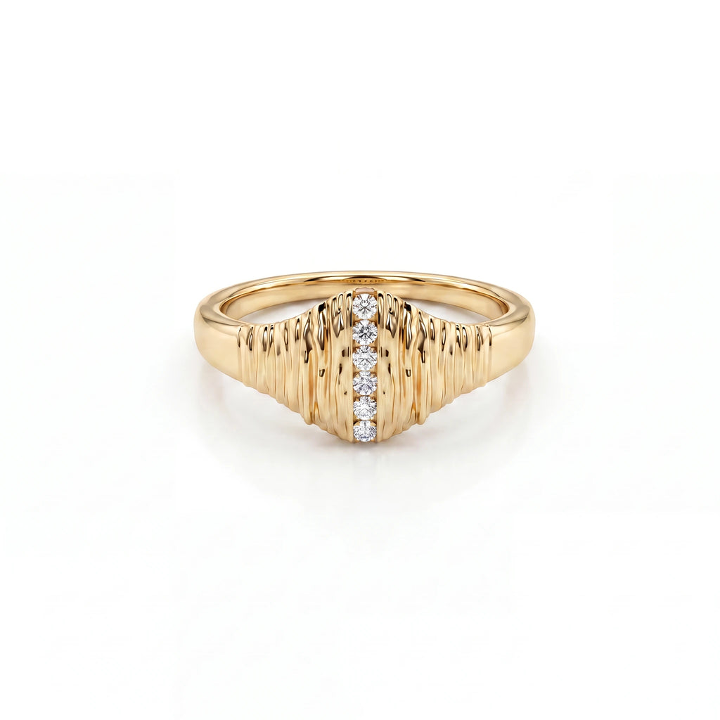 Ribbed lab-grown diamond signet ring in 14K yellow gold, front product view on white background