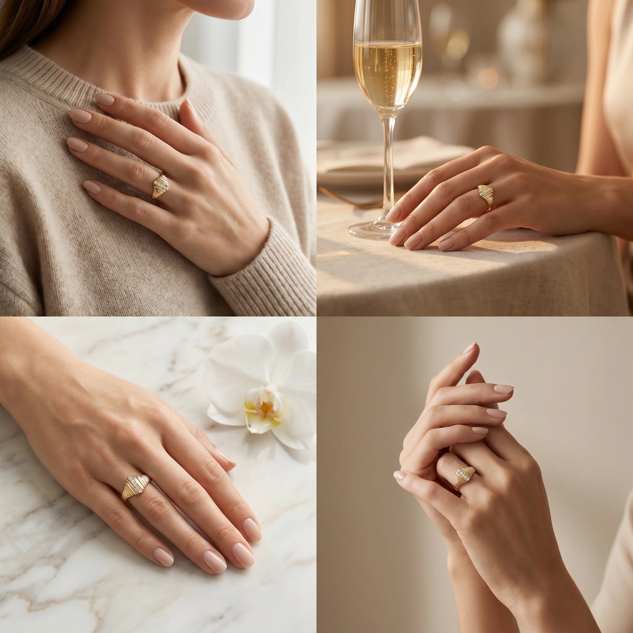 Ribbed lab-grown diamond signet ring in 14K yellow gold, four lifestyle scenes showing everyday wear