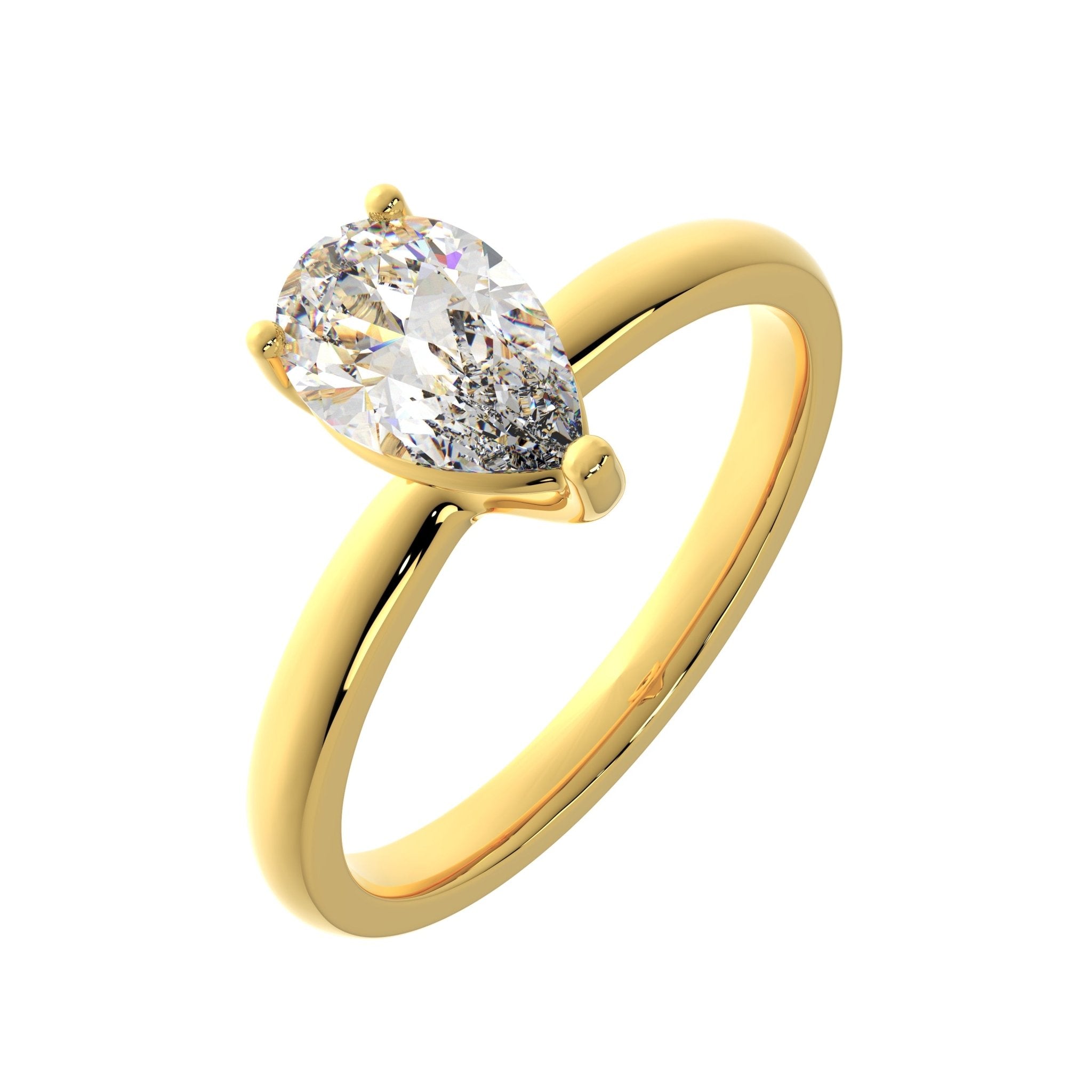 Side angle view of Riverside pear solitaire engagement ring showing prong setting and gold band