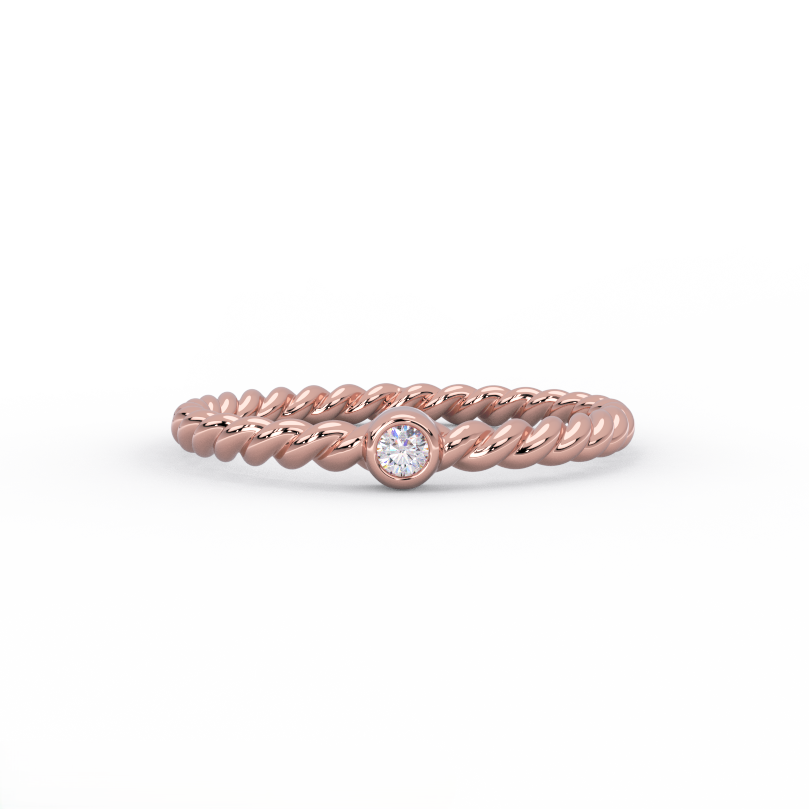 Rope diamond wedding band with round bezel-set diamond in solid 14K rose gold