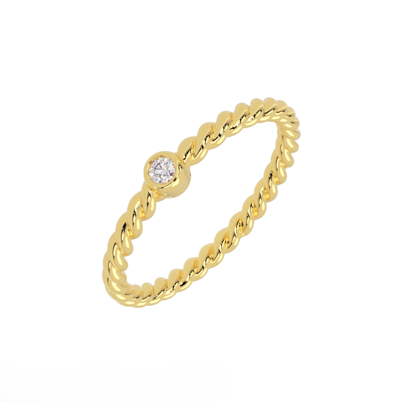 Round bezel rope diamond wedding band in solid 14K yellow gold