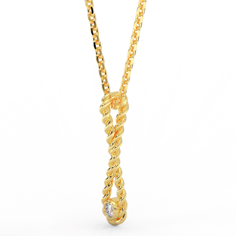 Side view of rope drop diamond pendant showing sculptural gold design