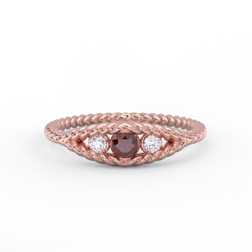 Rope three-stone garnet and diamond ring in 14K rose gold