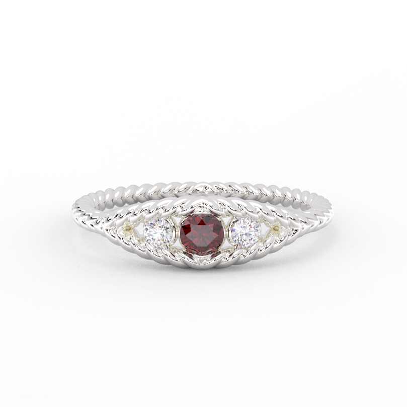 Rope three-stone garnet and diamond ring in 14K white gold