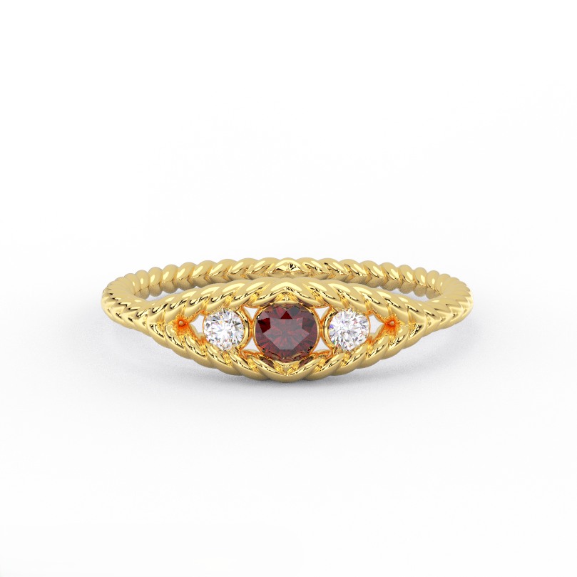 Rope three-stone garnet and diamond ring in 14K yellow gold