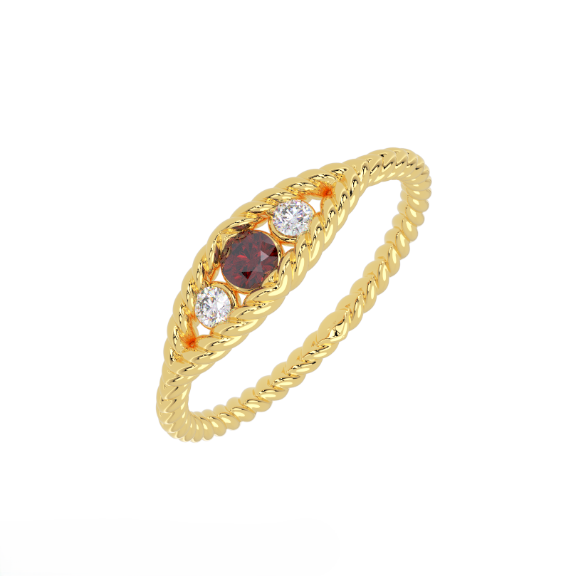 Rope three-stone garnet and diamond ring in 14K yellow gold with twisted band design