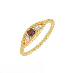 Rope three-stone garnet and diamond ring in 14K yellow gold with twisted band design
