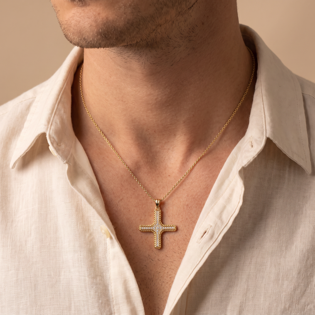 Rope Greek cross pendant in solid 14K white gold with pavé Lab-Grown Diamonds and a twisted rope frame