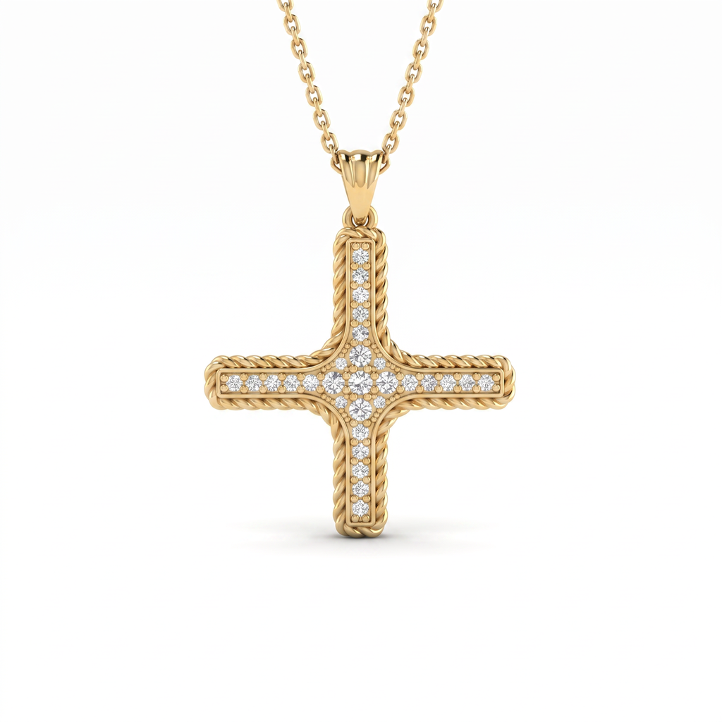Woman wearing the rope Greek cross pendant in 14K yellow gold on an adjustable chain at the collarbone