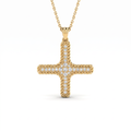 Woman wearing the rope Greek cross pendant in 14K yellow gold on an adjustable chain at the collarbone