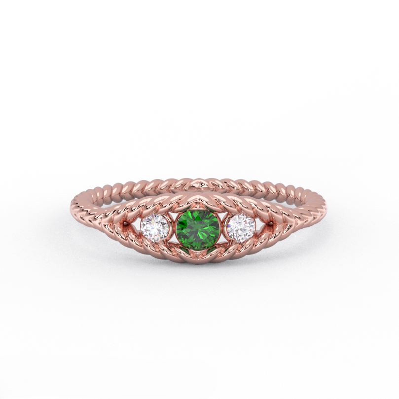 Rose gold rope emerald ring with diamond side stones