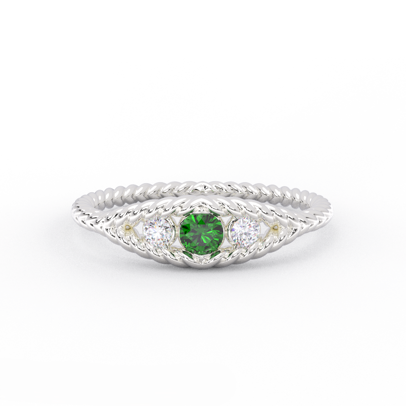 White gold rope band ring with green center stone and diamonds