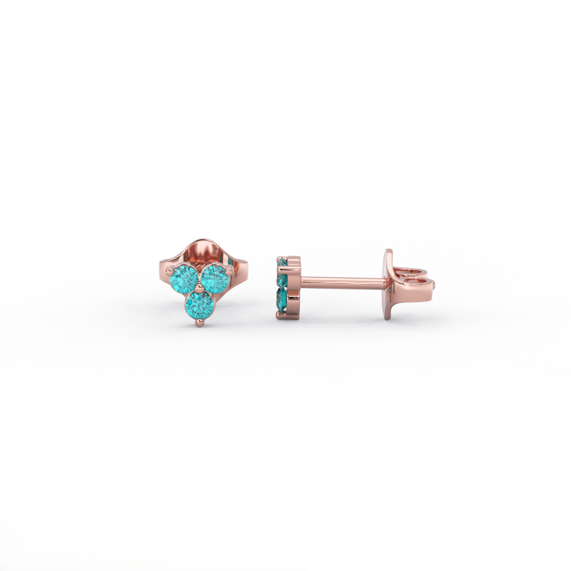 14K rose gold aquamarine cluster stud earrings three stone design