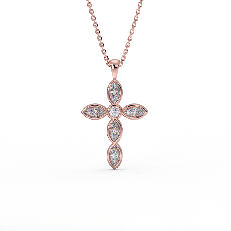 14K rose gold diamond cross necklace featuring marquise cut stones