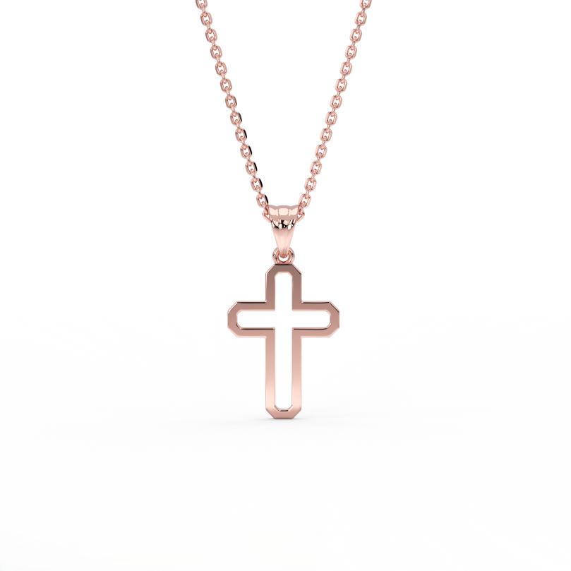 The Faithline Cross necklace in rose 14K gold with modern beveled open-frame design, handcrafted in NYC