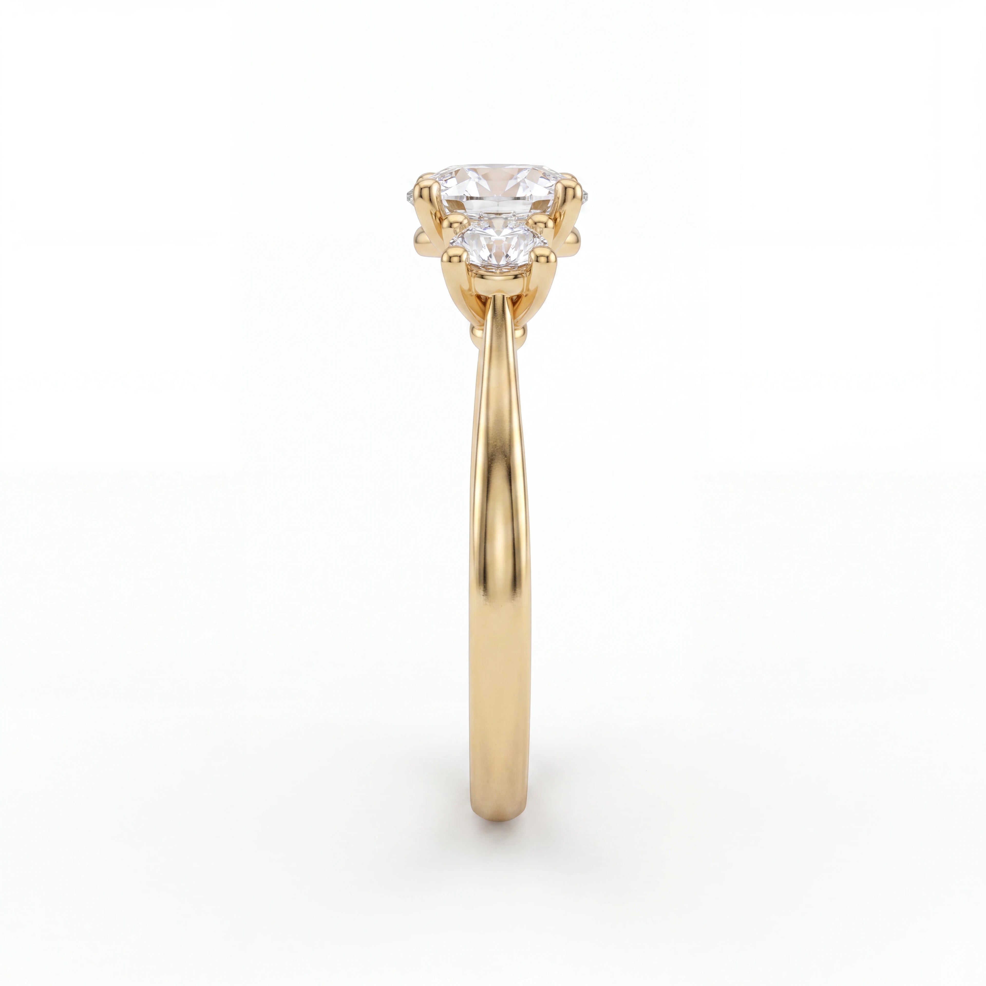 Round three-stone Lab-Grown Diamond engagement ring with 1ct center and two 0.35ct side stones, angled view