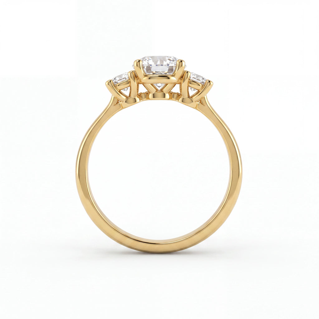3-Stone round Lab-Grown Diamond engagement ring in 14K gold, close-up of the prong-set center diamond