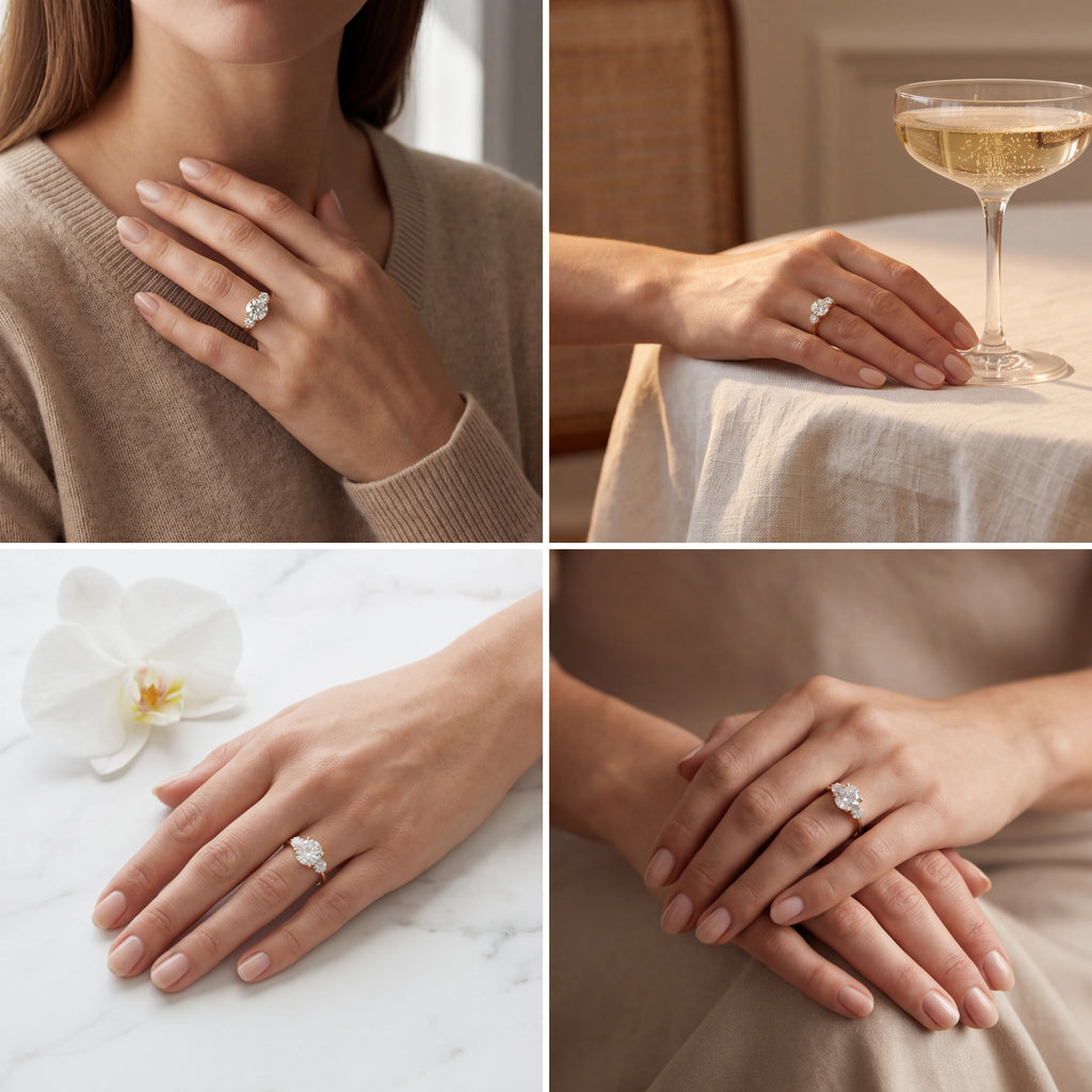 Round 3-stone Lab-Grown Diamond engagement ring, side profile showing the raised center setting