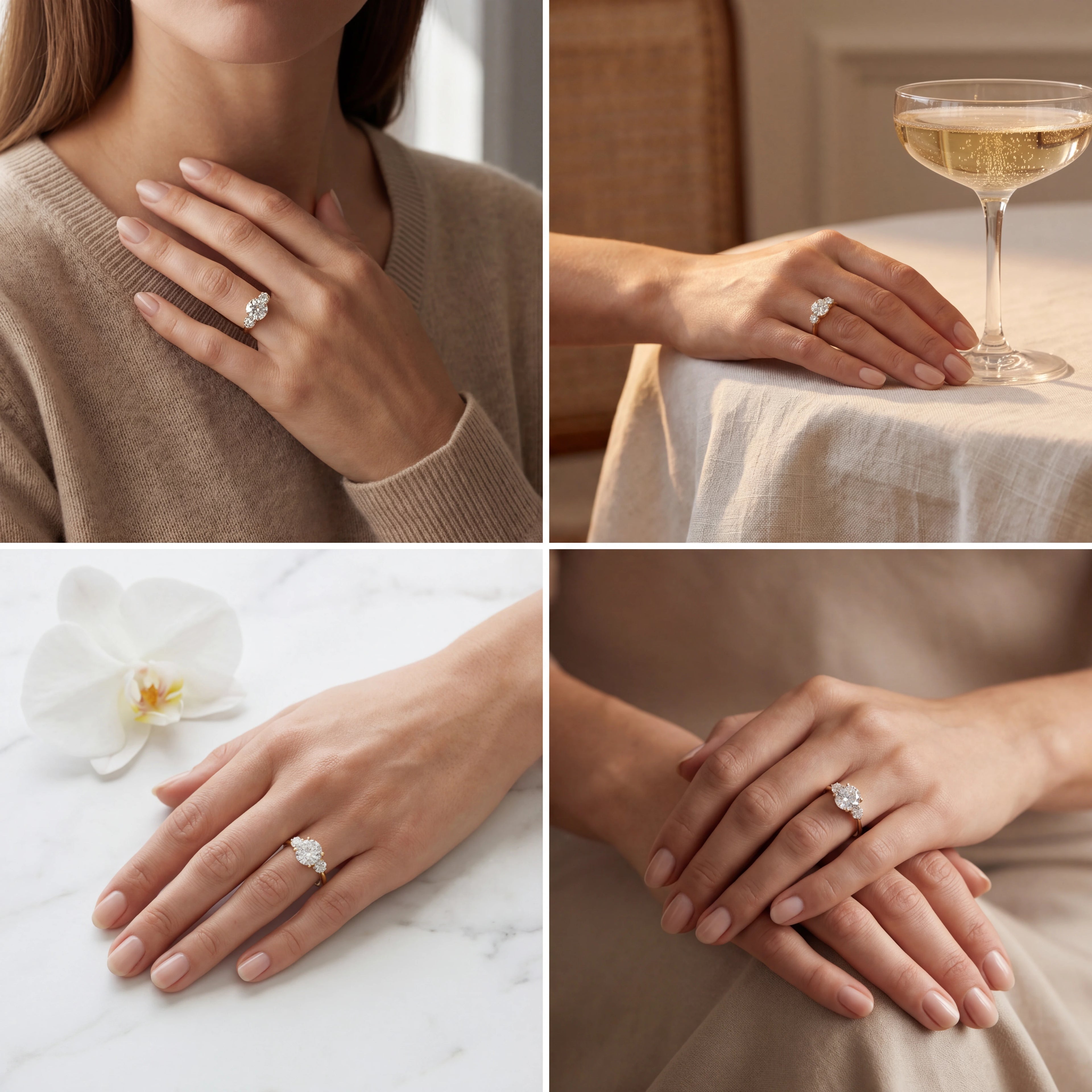 Round 3-stone Lab-Grown Diamond engagement ring, side profile showing the raised center setting