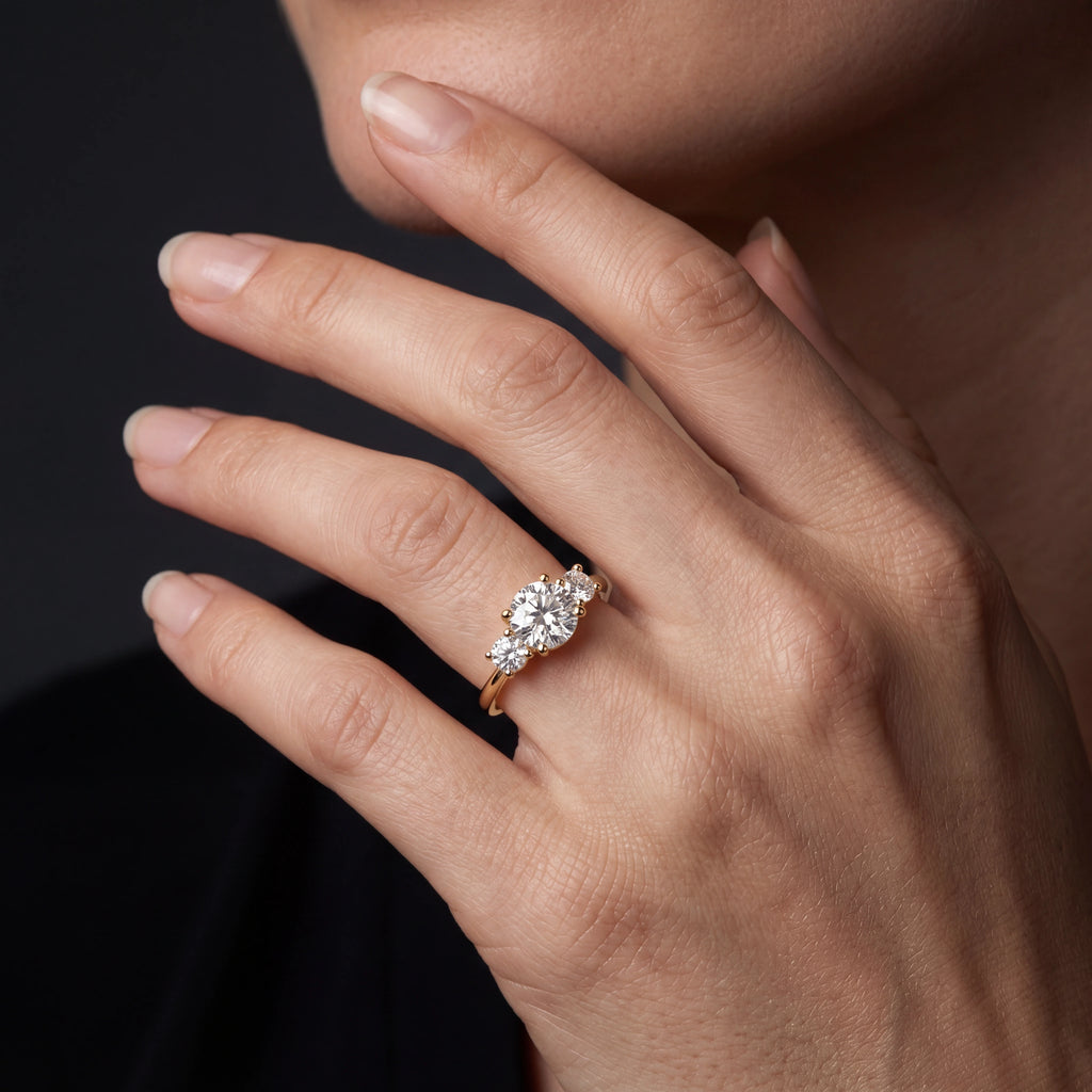 Round Lab-Grown Diamond 3-Stone Engagement Ring in 14K gold, detail of matched side stones