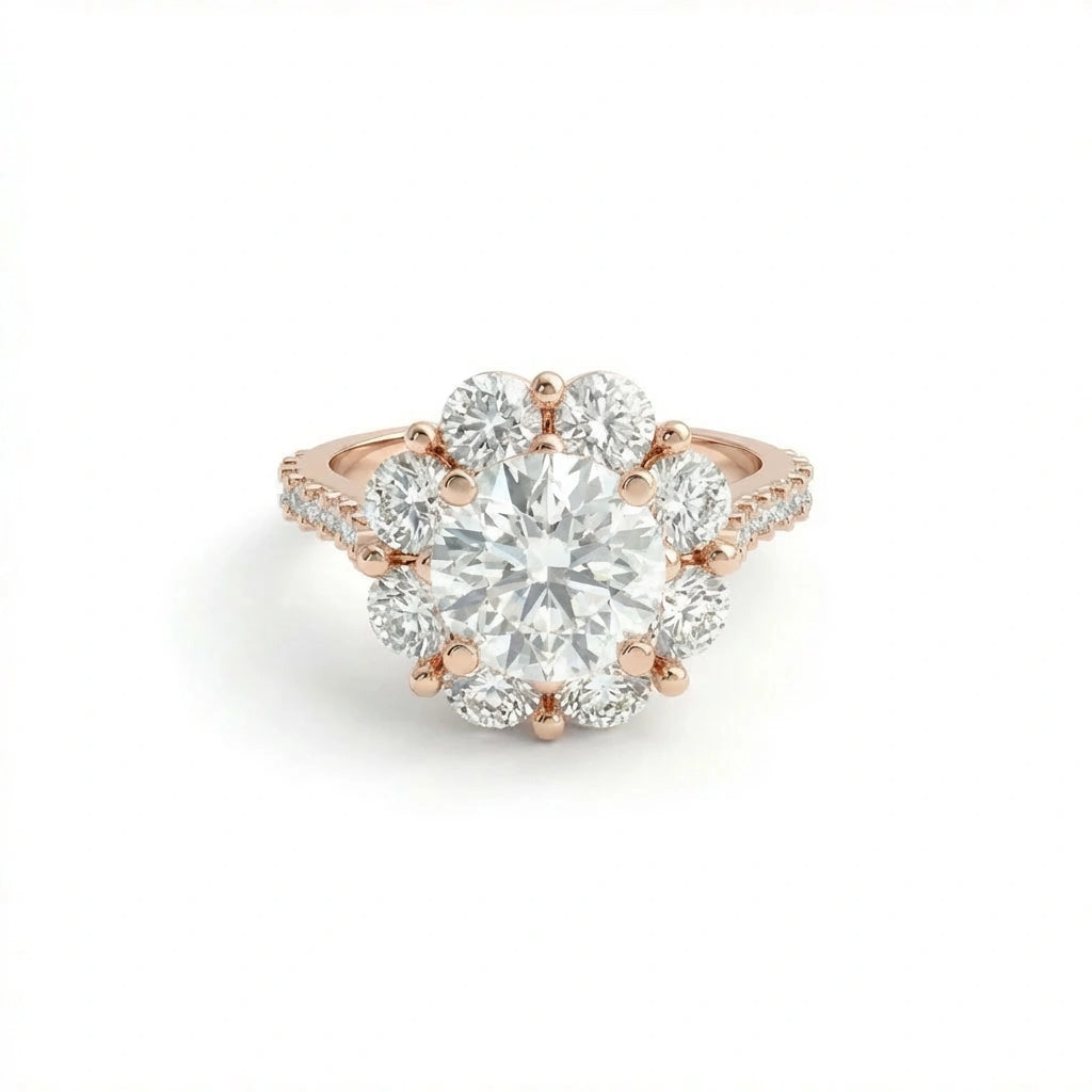 Round diamond halo engagement ring with pavé band in 14K rose gold - romantic timeless design