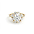 Round diamond halo engagement ring with pavé band in 14K yellow gold - classic brilliant sparkle