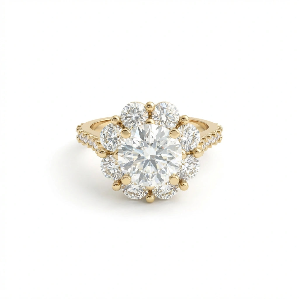 Round diamond halo engagement ring with pavé band in 14K yellow gold - classic brilliant sparkle