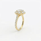 Round diamond halo engagement ring with pavé band angle view - showing halo and pavé band sparkle