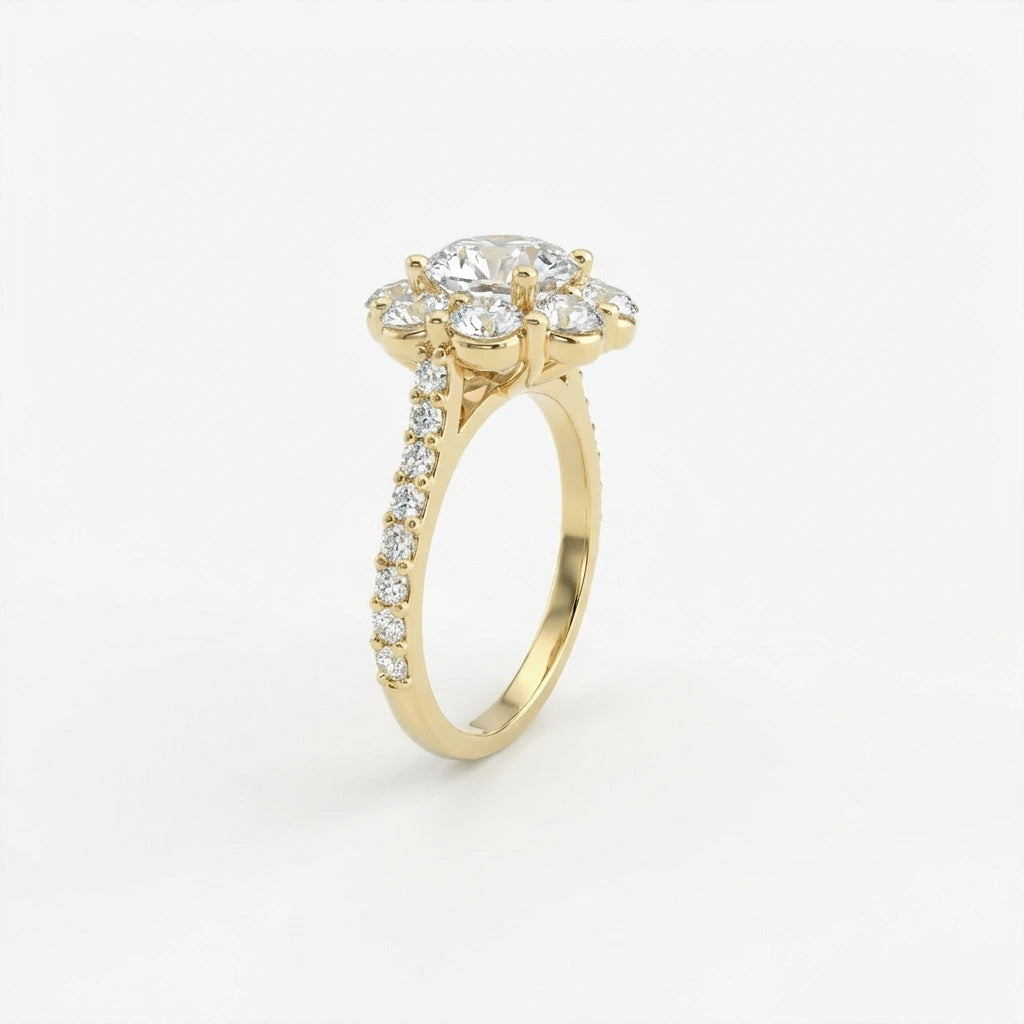 Round diamond halo engagement ring with pavé band angle view - showing halo and pavé band sparkle