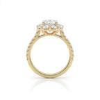Round diamond halo engagement ring with pavé band side view in 14K white gold - showing pavé diamonds