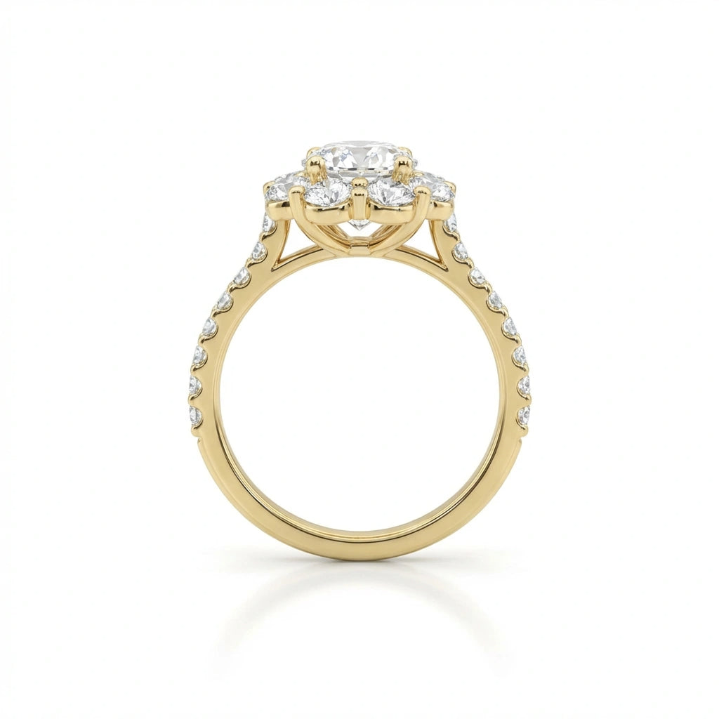 Round diamond halo engagement ring with pavé band side view in 14K white gold - showing pavé diamonds