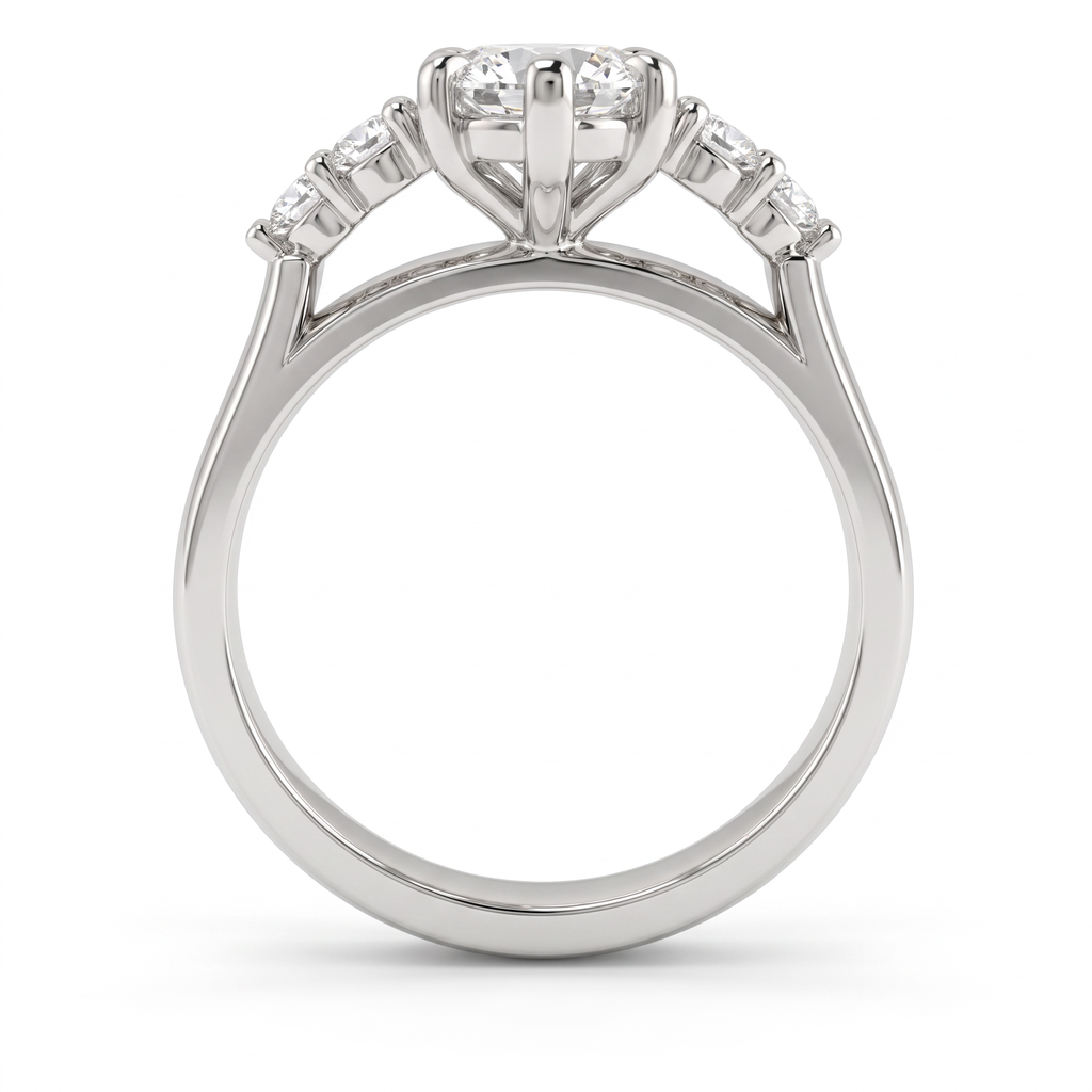 Front profile of a round Lab-Grown Diamond engagement ring in six prongs with four graduated round side stones and a cathedral 14K white gold band