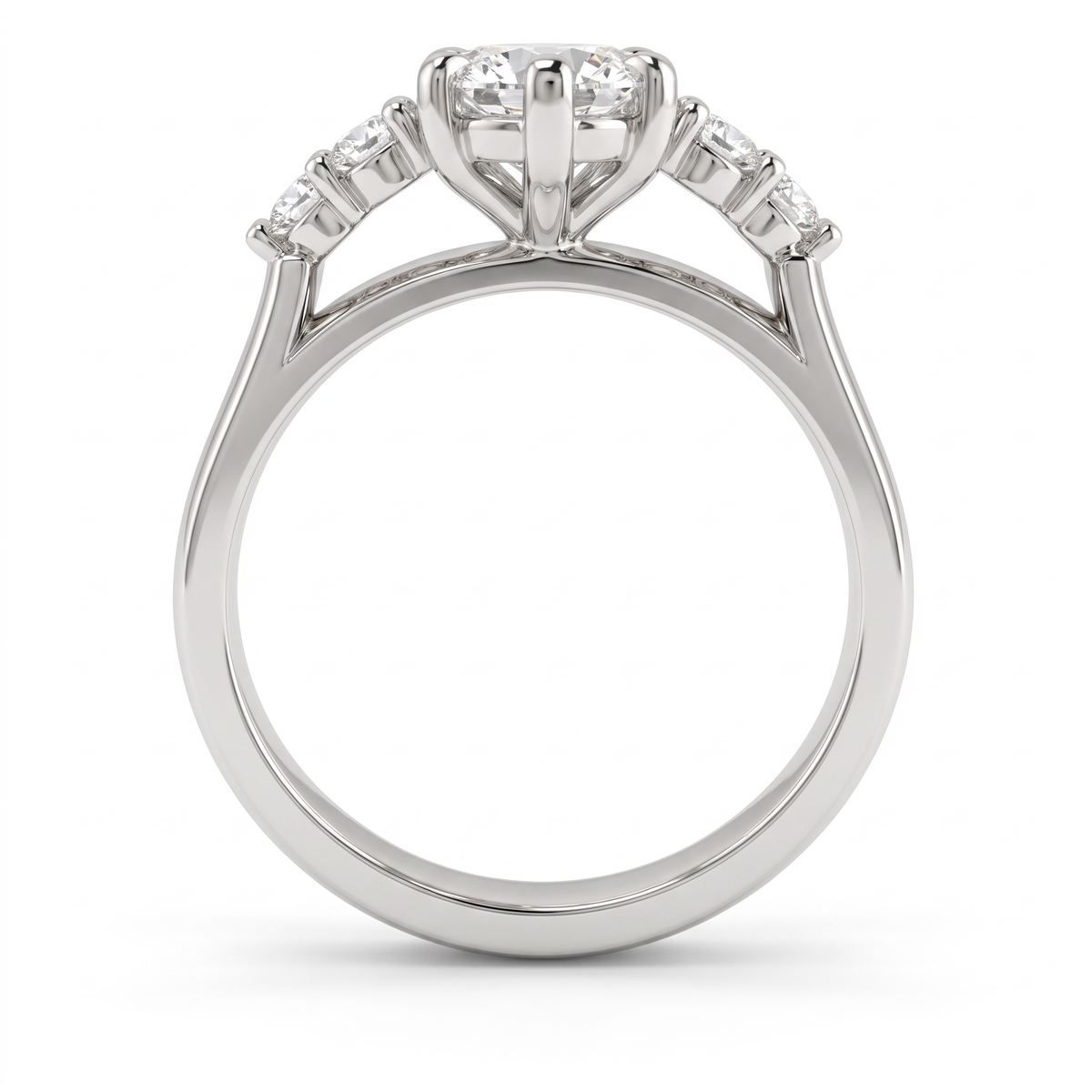 Front profile of a round Lab-Grown Diamond engagement ring in six prongs with four graduated round side stones and a cathedral 14K white gold band