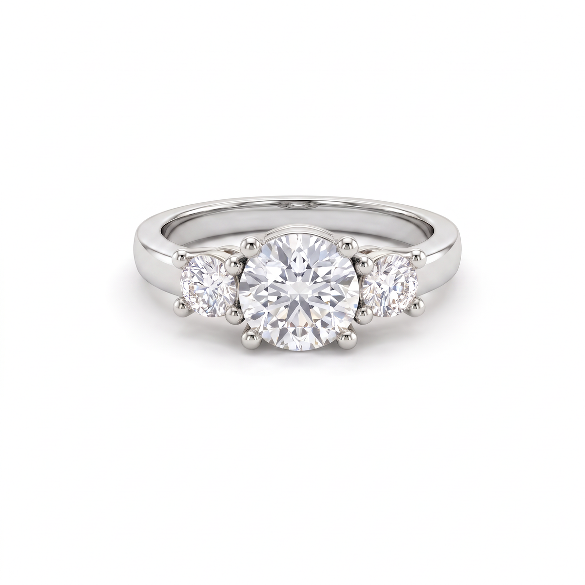 1ct round three-stone engagement ring in 14K white gold, front view showing both round side stones