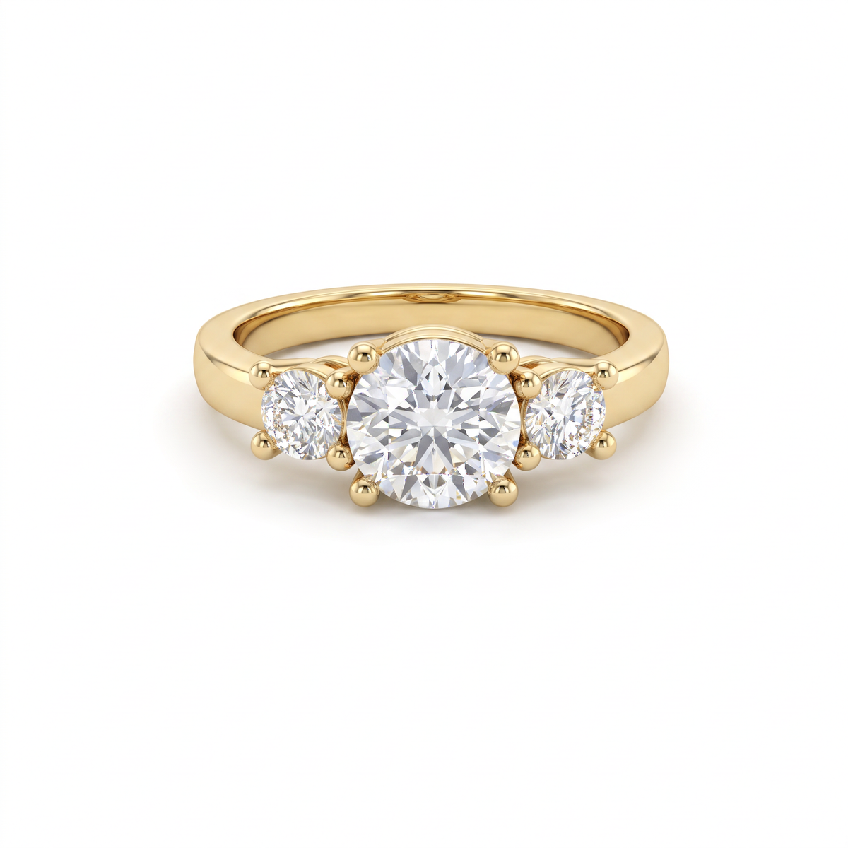Round three-stone engagement ring with 1ct round Lab-Grown Diamond center and two round side stones in 14K yellow gold, front view