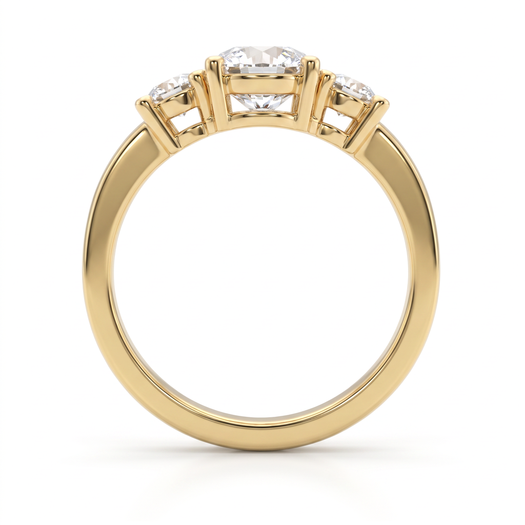 Gallery view of 1ct round three-stone engagement ring in 14K yellow gold showing the open basket under all three stones