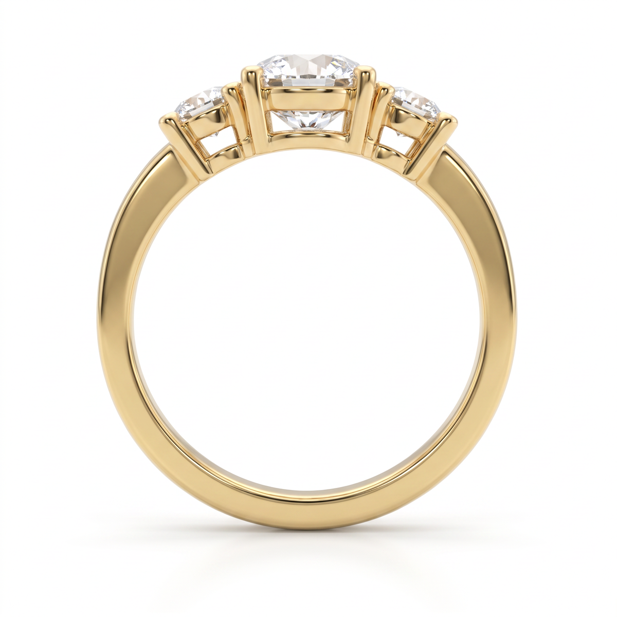 Gallery view of 1ct round three-stone engagement ring in 14K yellow gold showing the open basket under all three stones