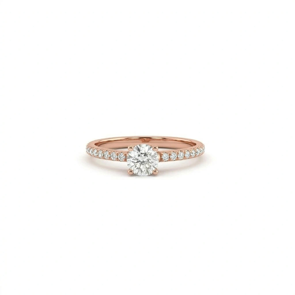 Round ultra thin pavé engagement ring in solid 14K rose gold with lab-grown diamond