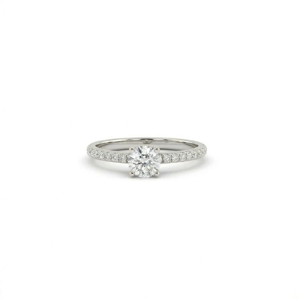 Round ultra thin pavé engagement ring with lab-grown diamond in solid 14K white gold